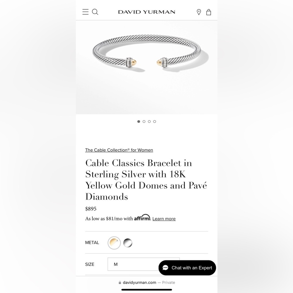 David Yurman Cable Classic, 18K Yellow Gold Domes and Pavé Diamonds